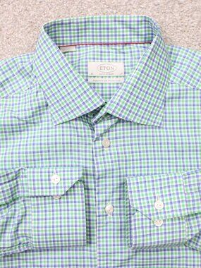 ETON Shirt Mens 17, 43 Green/Blue Trunk Club Signature Twill Cotton Long Sl